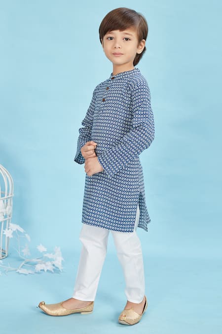 Shop_Maaikid_Blue Cotton Geometric Bloom Print Kurta With Pyjama 
