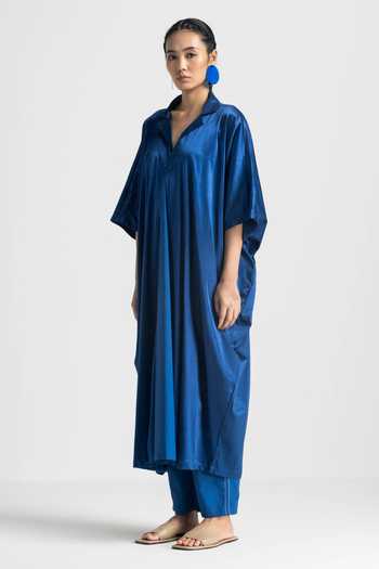 Three_Blue Satin, Lycra Embroidery Collared Plain Dolman Sleeve Kaftan _Online_at_Aza_Fashions