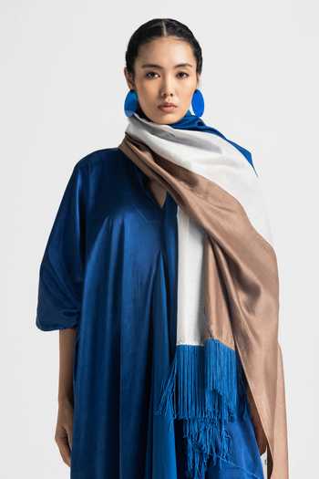 Shop_Three_Blue Satin, Lycra Embroidery Collared Plain Dolman Sleeve Kaftan _Online_at_Aza_Fashions