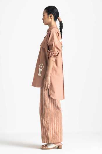 Three_Brown , Handloom Beads, Placement Embroidered Shirt And Pant Set _Online_at_Aza_Fashions