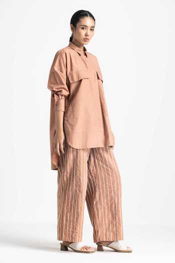 Buy_Three_Brown , Handloom Beads, Placement Embroidered Shirt And Pant Set _Online_at_Aza_Fashions