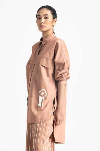 Shop_Three_Brown , Handloom Beads, Placement Embroidered Shirt And Pant Set _Online_at_Aza_Fashions