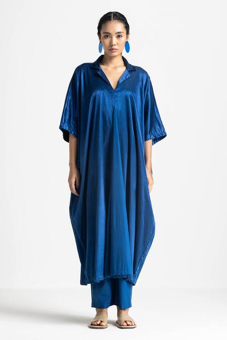 Three_Blue Satin, Lycra, Poplin Tassels Collared Dolman Sleeve Kaftan And Pant Set _Online_at_Aza_Fashions