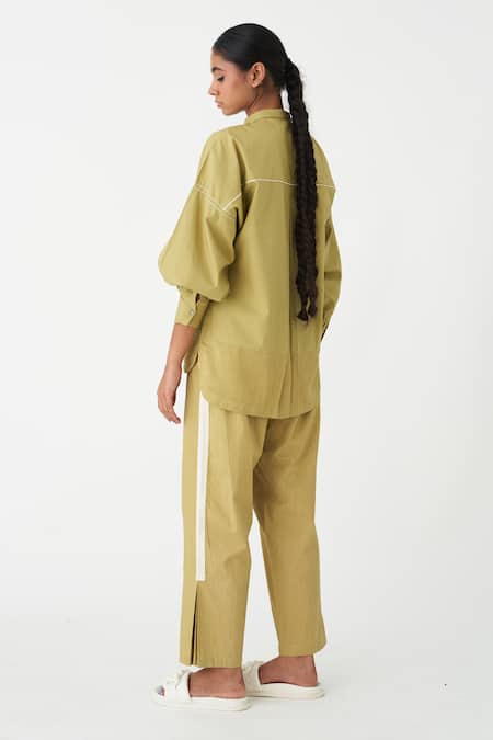 Shop Three Green 100% Cotton Poplin Plain Stripe Panelled Pant at Aza Fashions Shop_Three_Green 100% Cotton Poplin Plain Stripe Panelled Pant _at_Aza_Fashions