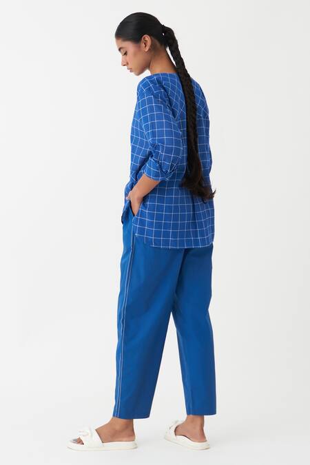 Shop Three Blue Handloom , Round Neck Checkered Pattern Shirt And Pant Set at Aza Fashions Shop_Three_Blue Handloom , Round Neck Checkered Pattern Shirt And Pant Set_at_Aza_Fashions