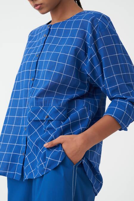 Shop Three Blue Handloom , Round Neck Checkered Pattern Shirt And Pant Set Online at Aza Fashions Shop_Three_Blue Handloom , Round Neck Checkered Pattern Shirt And Pant Set_Online_at_Aza_Fashions