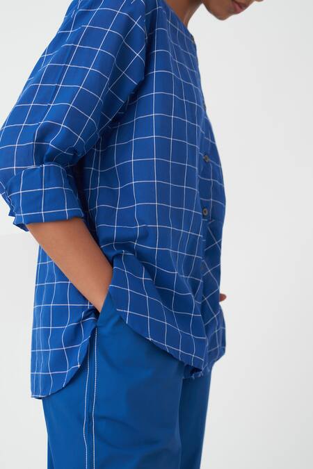 Three Blue Handloom , Round Neck Checkered Pattern Shirt And Pant Set at Aza Fashions Three_Blue Handloom , Round Neck Checkered Pattern Shirt And Pant Set_at_Aza_Fashions