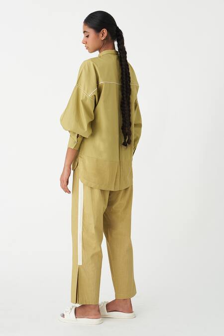 Shop_Three_Green Cotton Patchwork Collared Work Top And Pant Set _at_Aza_Fashions
