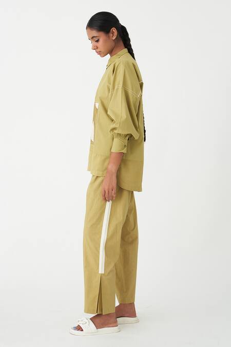 Three_Green Cotton Patchwork Collared Work Top And Pant Set _Online_at_Aza_Fashions