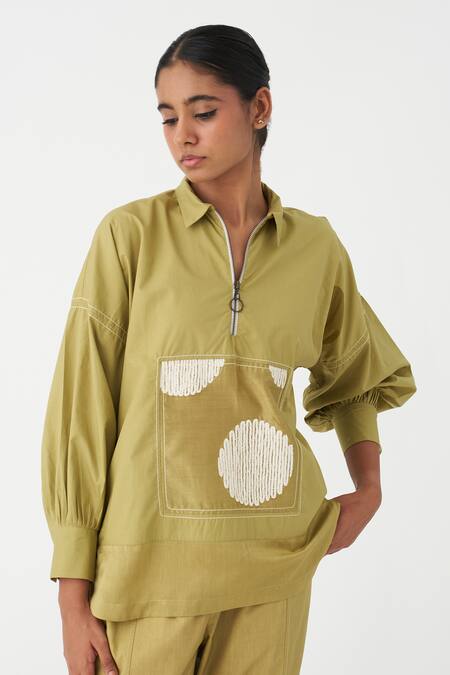 Buy_Three_Green Cotton Patchwork Collared Work Top And Pant Set _Online_at_Aza_Fashions