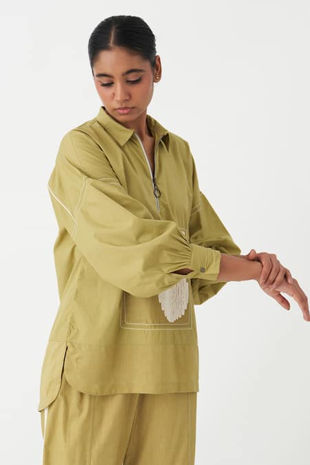 Shop_Three_Green Cotton Patchwork Collared Work Top And Pant Set _Online_at_Aza_Fashions