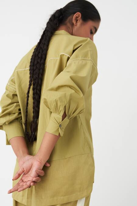 Three_Green Cotton Patchwork Collared Work Top And Pant Set _at_Aza_Fashions