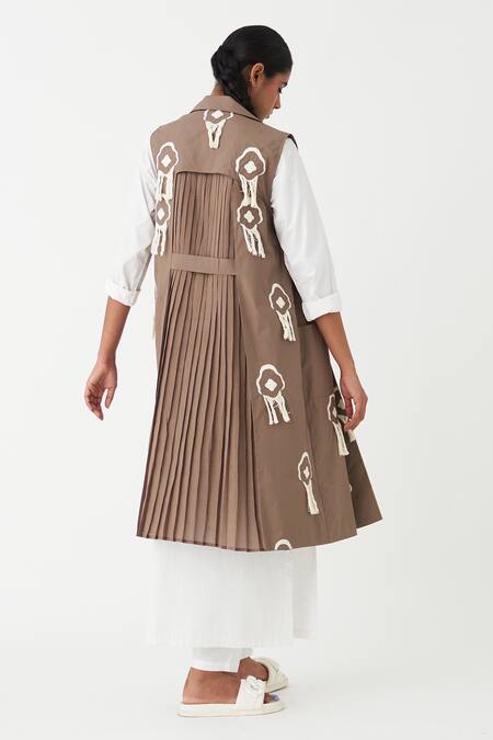 Shop_Three_Brown 100% Cotton Poplin Hand Printed Stripe Floral Applique Work Pant Set _at_Aza_Fashions