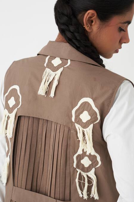 Buy_Three_Brown 100% Cotton Poplin Hand Printed Stripe Floral Applique Work Pant Set _Online_at_Aza_Fashions