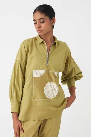 Buy Three Green Cotton Embroidery, Patchwork Collared Work Top Online at Aza Fashions Buy_Three_Green Cotton Embroidery, Patchwork Collared Work Top _Online_at_Aza_Fashions