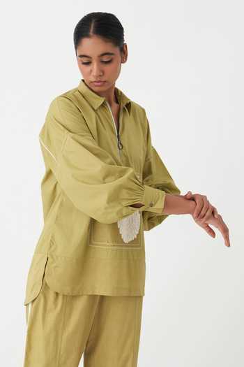 Shop Three Green Cotton Embroidery, Patchwork Collared Work Top Online at Aza Fashions Shop_Three_Green Cotton Embroidery, Patchwork Collared Work Top _Online_at_Aza_Fashions