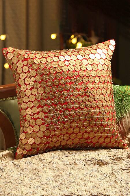 Amoliconcepts Red 100% Polyester Patra Work Cushion Cover