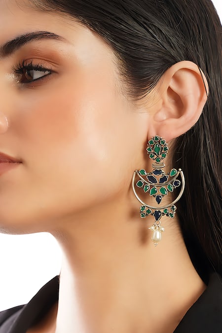 Mero Jewellery Onyx & Sapphire Studded Tribal Chandbalis 