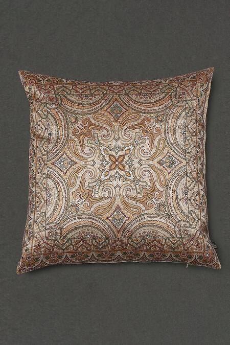 Ritu Kumar Beige Mysore Silk Embroidered Saadh Cushion With Filler