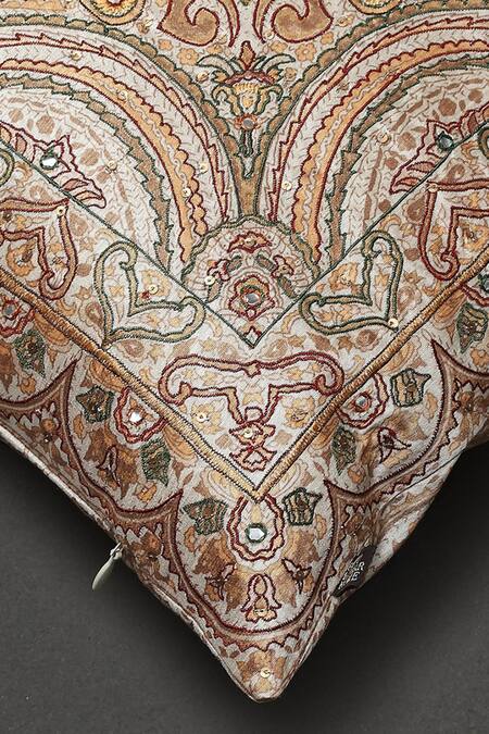 Ritu Kumar_Beige Mysore Silk Embroidered Saadh Cushion With Filler_Online_at_Aza_Fashions