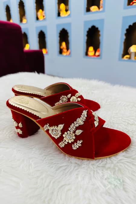 Shop Shiveen Shiveen Red Embroidery Velvet Floral Heels at Aza Fashions Shop_Shiveen Shiveen_Red Embroidery Velvet Floral Heels _at_Aza_Fashions