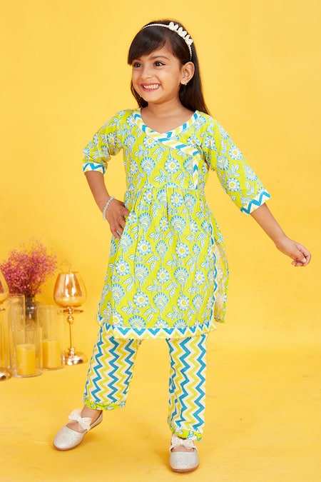 Maaikid_Lime Cotton Floral Vine Print Kurta And Chevron Pant Set _Online_at_Aza_Fashions