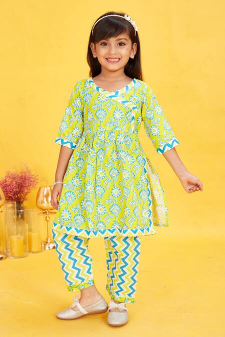 Buy_Maaikid_Lime Cotton Floral Vine Print Kurta And Chevron Pant Set _Online_at_Aza_Fashions