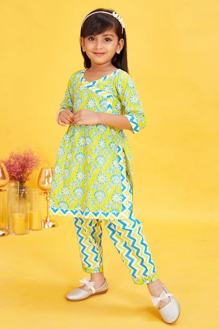 Shop_Maaikid_Lime Cotton Floral Vine Print Kurta And Chevron Pant Set _Online_at_Aza_Fashions