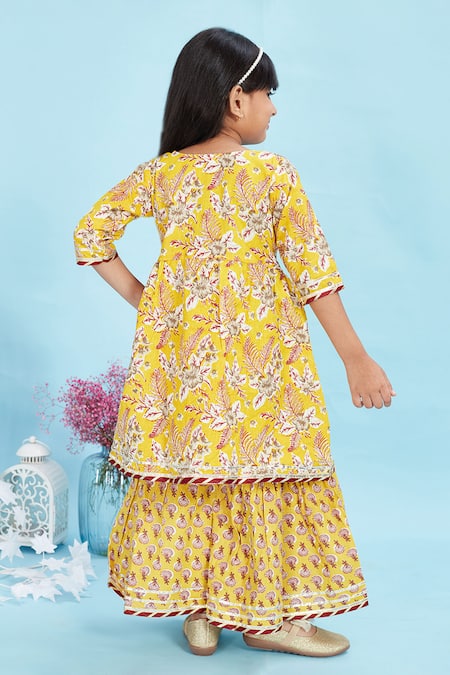 Maaikid Floral Print Front Slit Kurta & Sharara Set 
