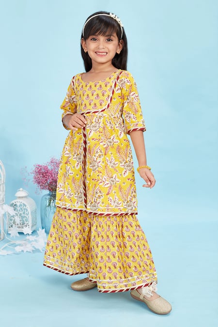 Maaikid_Yellow Cotton Piping Floral Print Front Slit Kurta And Sharara Set _Online_at_Aza_Fashions