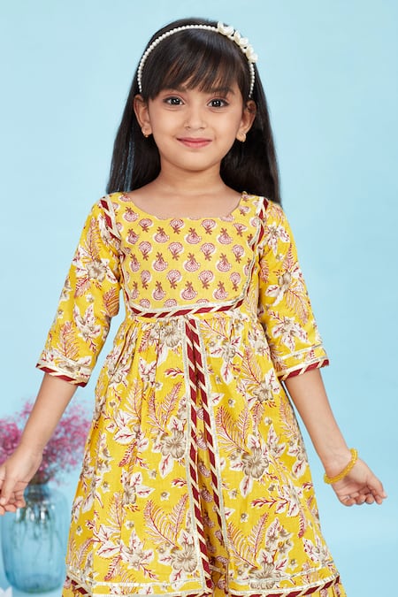 Maaikid_Yellow Cotton Piping Floral Print Front Slit Kurta And Sharara Set _at_Aza_Fashions