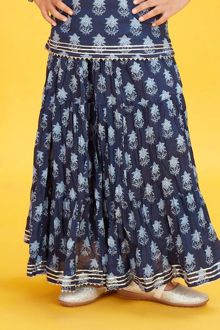 Maaikid_Blue Cotton Floral Bud Print Kurta With Sharara _Online_at_Aza_Fashions