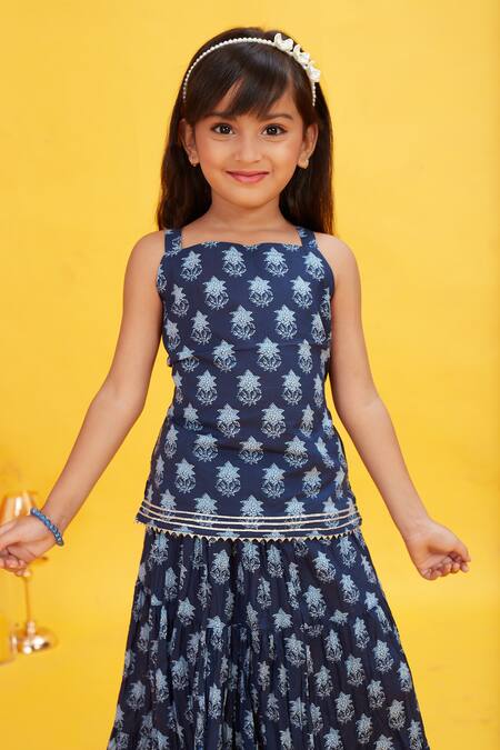Maaikid_Blue Cotton Floral Bud Print Kurta With Sharara _at_Aza_Fashions
