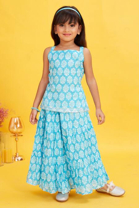 Maaikid_Blue Cotton Floral Bud Print Kurta With Skirt _Online_at_Aza_Fashions