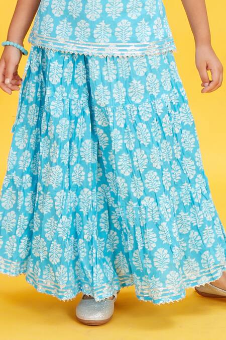 Buy_Maaikid_Blue Cotton Floral Bud Print Kurta With Skirt _Online_at_Aza_Fashions