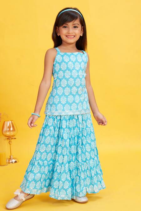Shop_Maaikid_Blue Cotton Floral Bud Print Kurta With Skirt _Online_at_Aza_Fashions