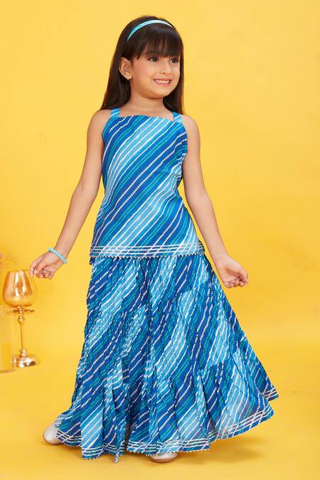 Buy_Maaikid_Blue Cotton Bandhani Print Kurta With Skirt _Online_at_Aza_Fashions