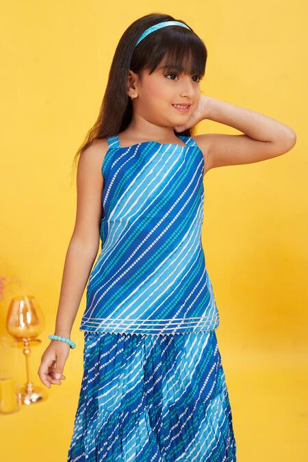 Maaikid_Blue Cotton Bandhani Print Kurta With Skirt _at_Aza_Fashions