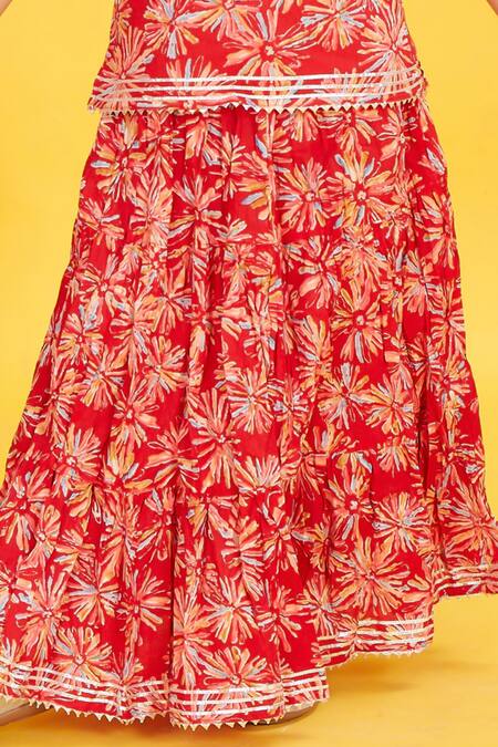 Maaikid_Red Cotton Floral Sparkle Print Tunic With Skirt _Online_at_Aza_Fashions
