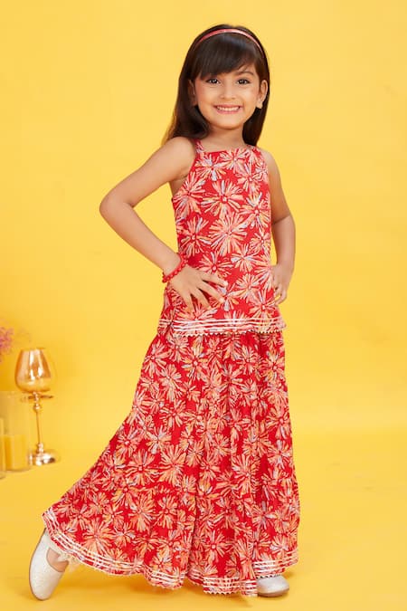 Shop_Maaikid_Red Cotton Floral Sparkle Print Tunic With Skirt _Online_at_Aza_Fashions