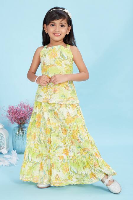 Buy_Maaikid_Green Cotton Floral Bloom Print Tunic With Skirt _Online_at_Aza_Fashions