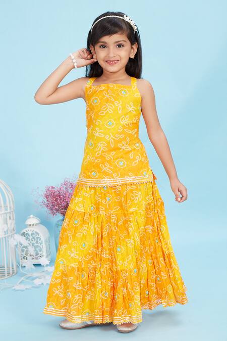 Maaikid_Yellow Cotton Bandhani Print Tunic With Skirt _Online_at_Aza_Fashions