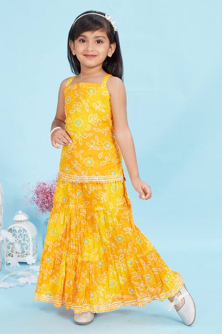 Buy_Maaikid_Yellow Cotton Bandhani Print Tunic With Skirt _Online_at_Aza_Fashions
