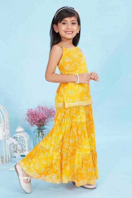 Shop_Maaikid_Yellow Cotton Bandhani Print Tunic With Skirt _Online_at_Aza_Fashions