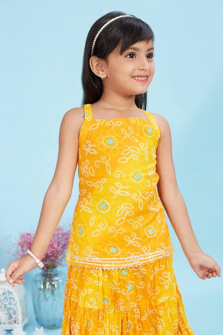 Maaikid_Yellow Cotton Bandhani Print Tunic With Skirt _at_Aza_Fashions