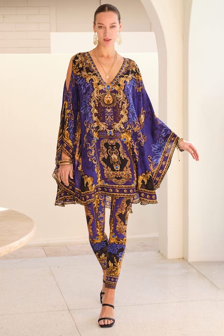 Shop Zariaah Blue Viscose, Silk, Spandex Crystals, Empress Print Kaftan With Leggings at Aza Fashions Shop_Zariaah_Blue Viscose, Silk, Spandex Crystals, Empress Print Kaftan With Leggings _at_Aza_Fashions