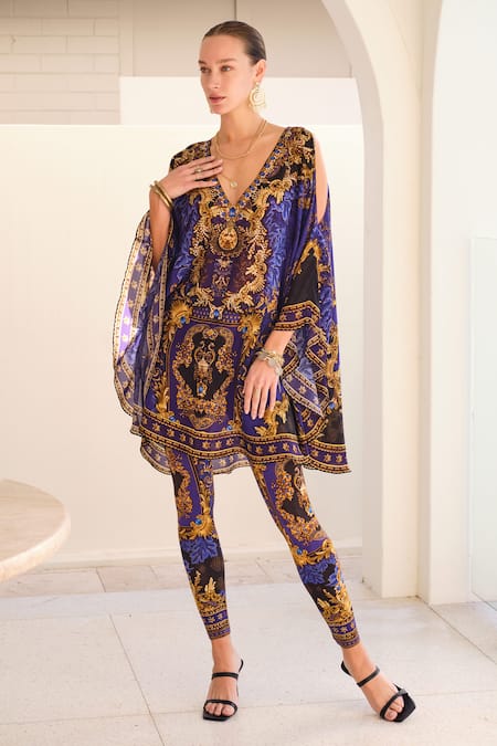 Zariaah Blue Viscose, Silk, Spandex Crystals, Empress Print Kaftan With Leggings Online at Aza Fashions Zariaah_Blue Viscose, Silk, Spandex Crystals, Empress Print Kaftan With Leggings _Online_at_Aza_Fashions