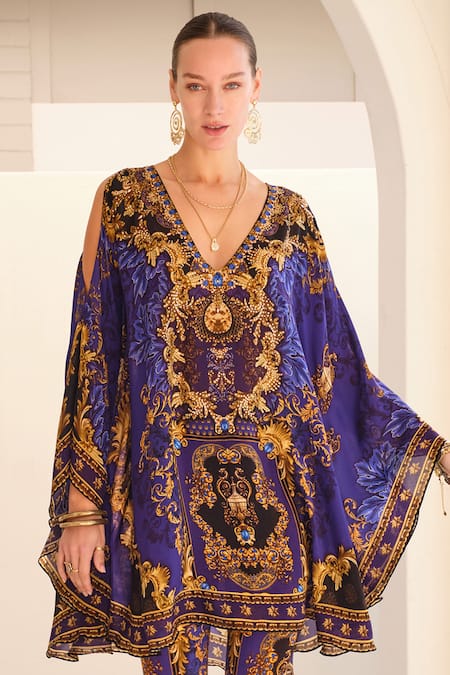 Buy Zariaah Blue Viscose, Silk, Spandex Crystals, Empress Print Kaftan With Leggings Online at Aza Fashions Buy_Zariaah_Blue Viscose, Silk, Spandex Crystals, Empress Print Kaftan With Leggings _Online_at_Aza_Fashions