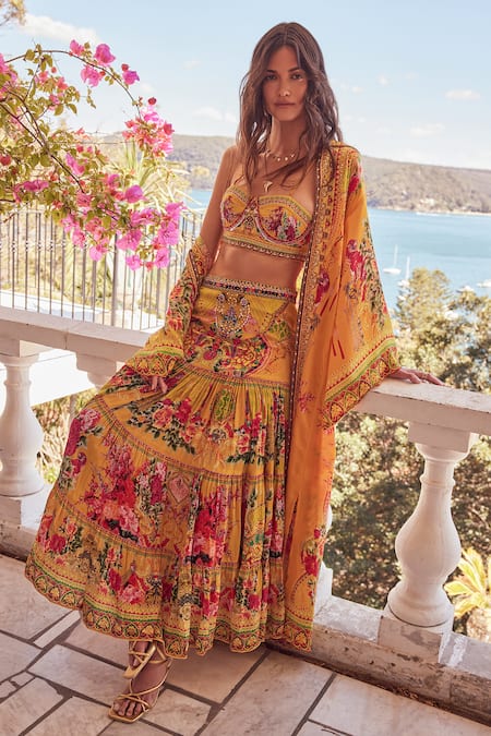 Zariaah Yellow Viscose Silk Hand Embellished Print Skirt Set With Long Robe 