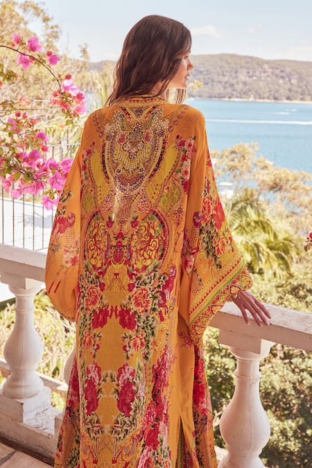 Shop Zariaah Yellow Viscose, Silk Sequins, Floral Print Bustier Skirt Set With Robe at Aza Fashions Shop_Zariaah_Yellow Viscose, Silk Sequins, Floral Print Bustier Skirt Set With Robe _at_Aza_Fashions